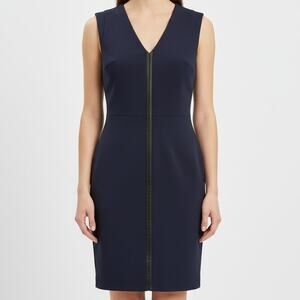 Banana‎ Republic Sheath Dress Women’s 0 Navy V‑Neck Faux Leather Trim Workwear